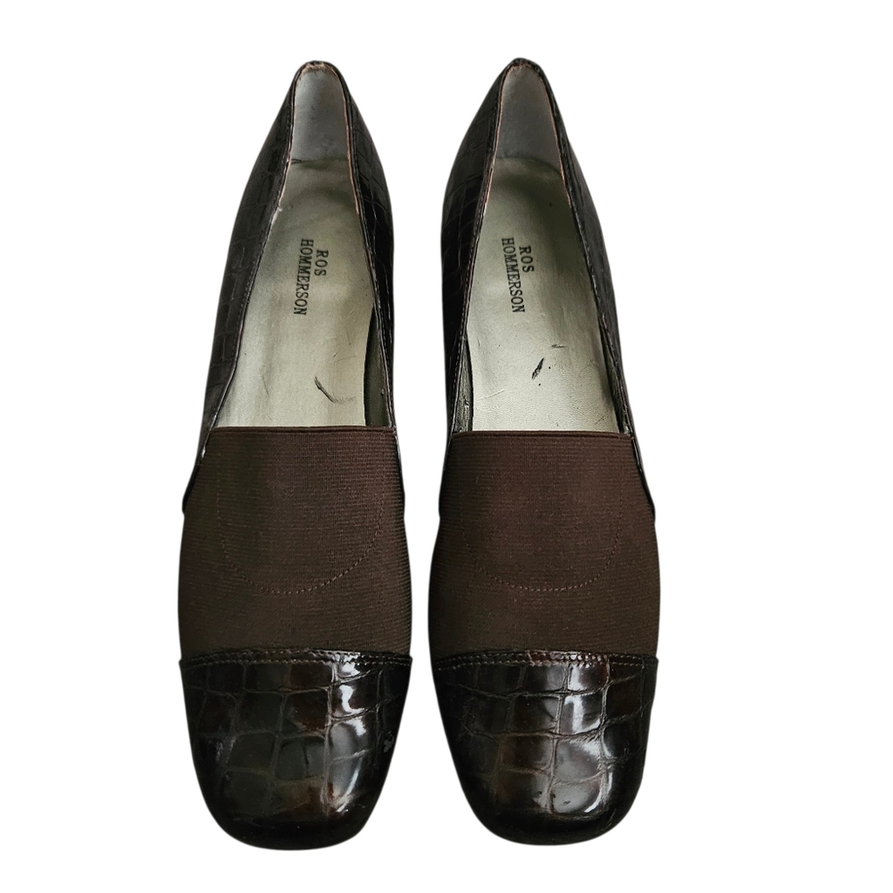 Ros Hommerson Brown Croc Embossed Patent Leather Heeled Loafer Sz 9